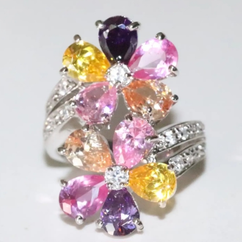 Multicolor Floral Gemstone Set Earrings and ring